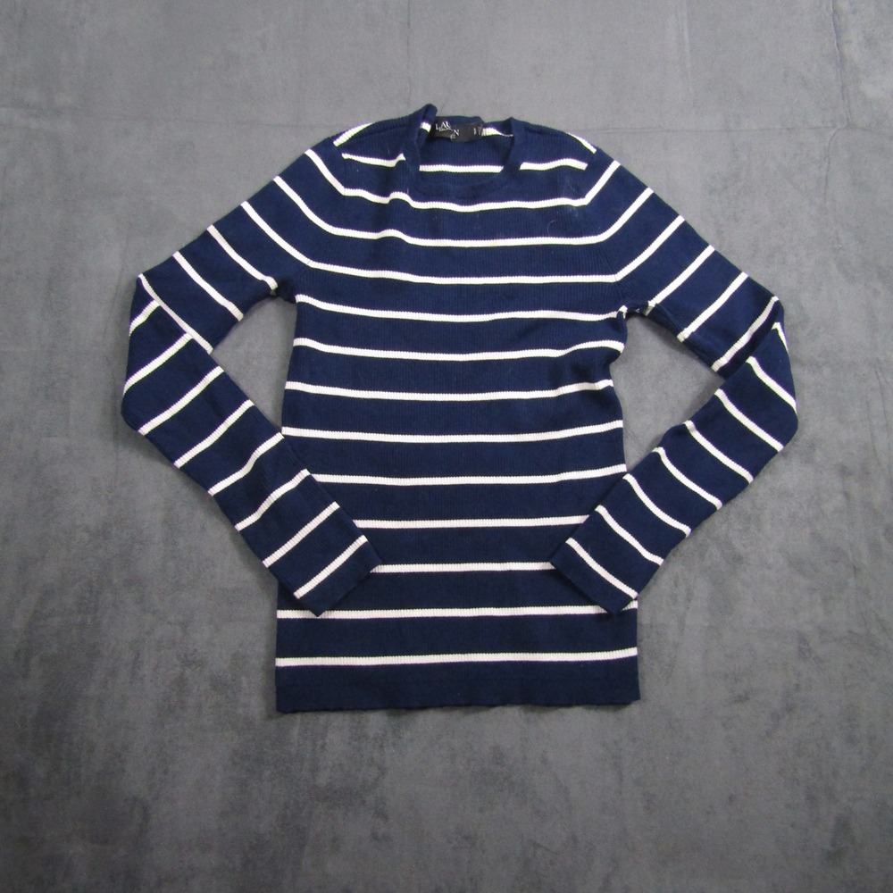 Lauren Ralph Lauren Sweater Women Small Navy Blue White Striped Ribbed Knit